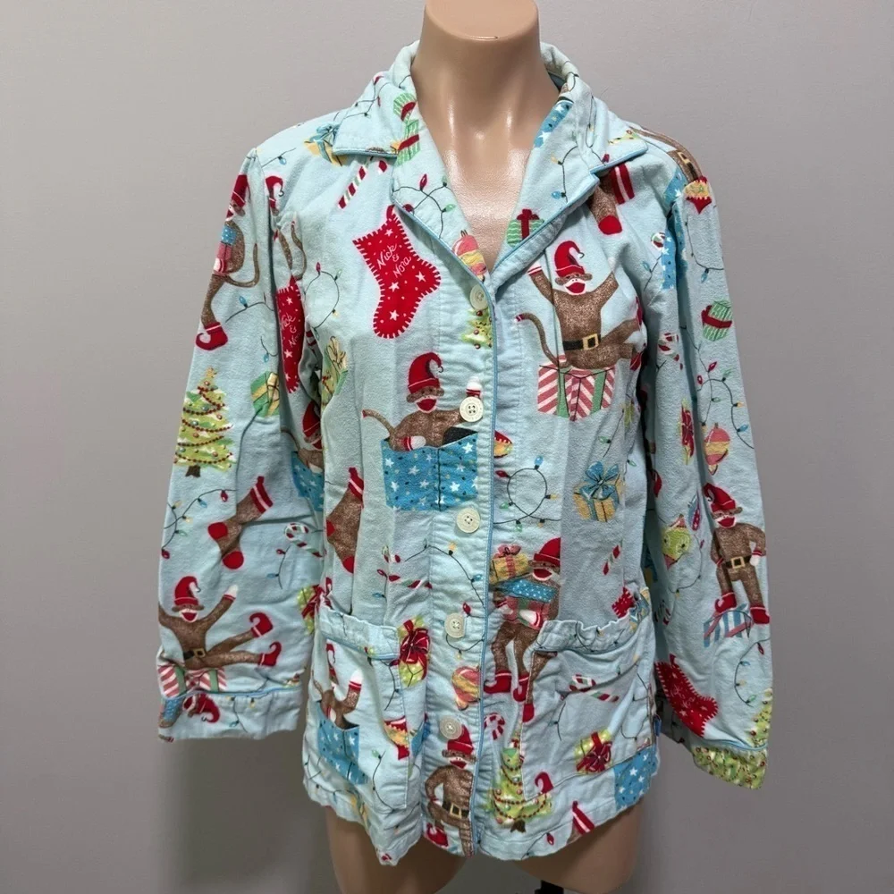 Nick & Nora Sock Monkey Christmas Pajama Top Holiday Elf Tree Stocking Present